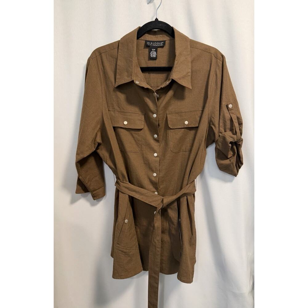 Dialogue | Women’s Brown Collared Linen Button Up Shirt Tunic Belt - Size 18W